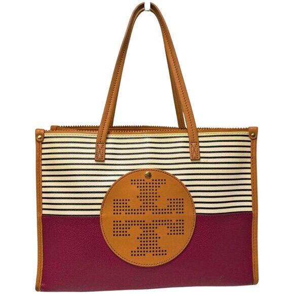 Tory Burch Viva Perforated Logo Colorblock Leather Tote Black White Burgundy - Picture 1 of 7